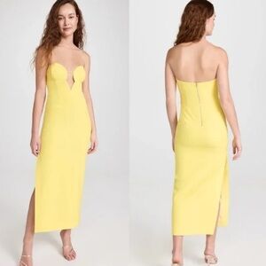 Bardot Strapless Yellow Midi Dress with  wire Plunge Neckline